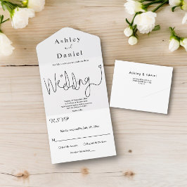 Invitación Todo En Uno Elegante Caligrafía Boda Blanco Y Negro Simple