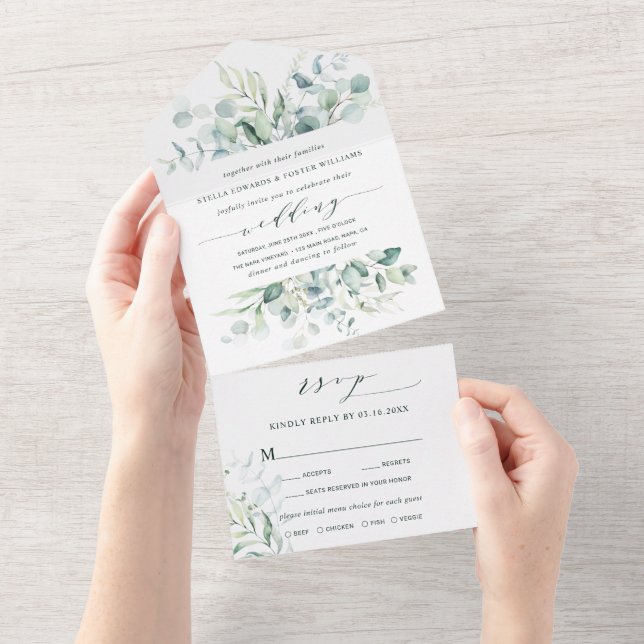 Invitación Todo En Uno Elegante caligrafía Boda de follaje verde (desgarro)
