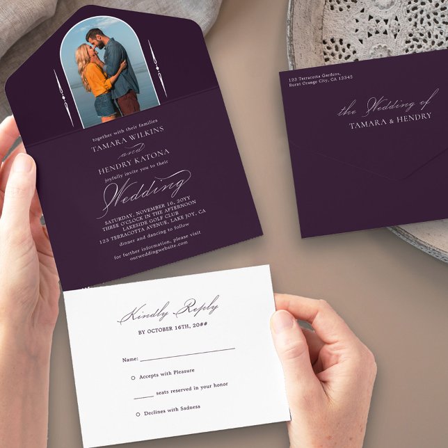 Invitación Todo En Uno Elegante caligrafía Boda de foto púrpura RSVP (Subido por el creador)