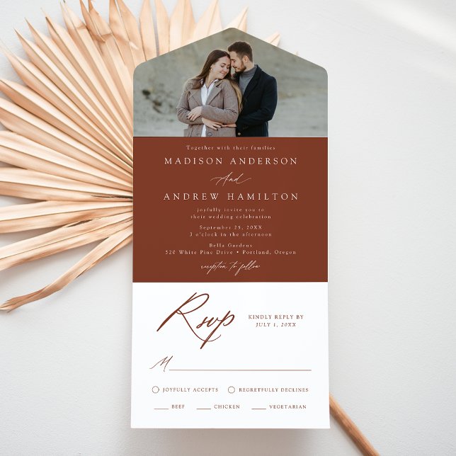Invitación Todo En Uno Elegante caligrafía Boda de fotografía Terracotta (Subido por el creador)