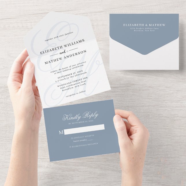 Invitación Todo En Uno Elegante caligrafía Boda de Monograma azul turbio (Subido por el creador)