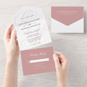 Invitación Todo En Uno Elegante caligrafía Boda de monograma rosado con p