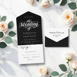 Invitación Todo En Uno Elegante caligrafía Boda simple negro y blanco