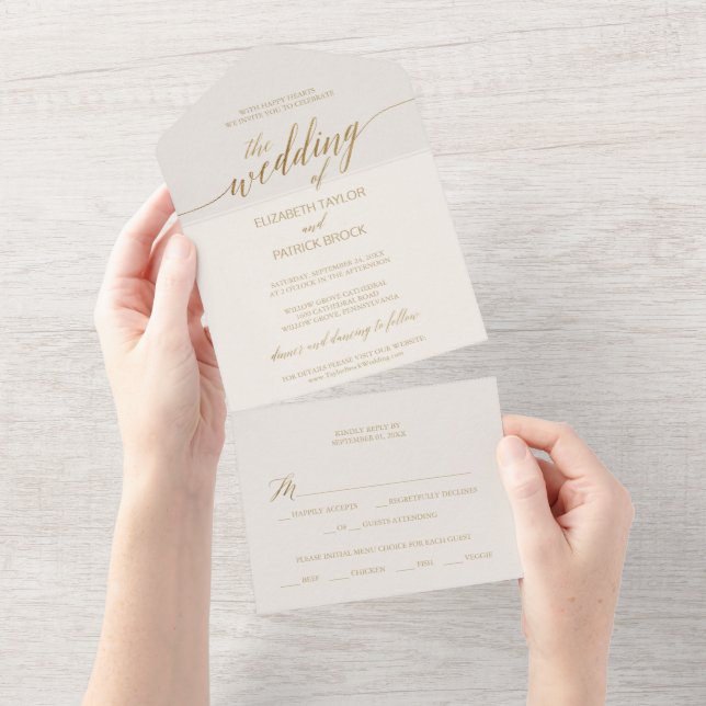 Invitación Todo En Uno Elegante caligrafía de oro Boda de marfil (desgarro)