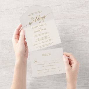 Invitación Todo En Uno Elegante caligrafía de oro Boda de marfil