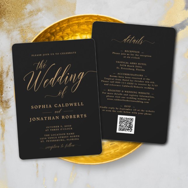 Invitación Todo en uno elegante caligrafía dorada boda negro (Subido por el creador)
