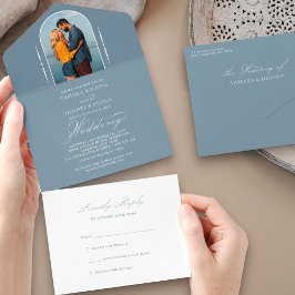Invitación Todo En Uno Elegante caligrafía Dusty Blue Photo RSVP Boda
