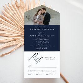 Invitación Todo En Uno Elegante Caligrafía Foto de Boda Marina