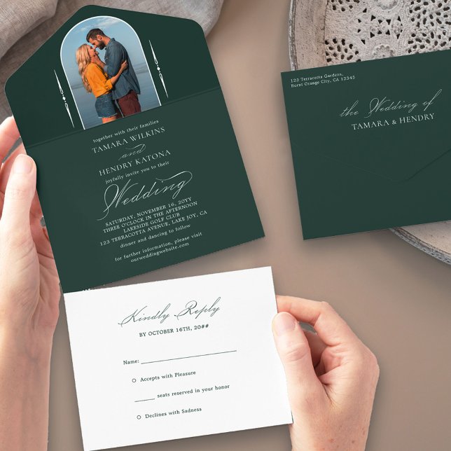 Invitación Todo En Uno Elegante caligrafía Foto Esmeralda Boda RSVP (Subido por el creador)