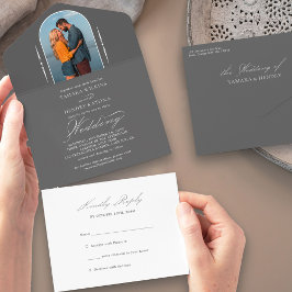 Invitación Todo En Uno Elegante caligrafía Gray Photo RSVP Boda