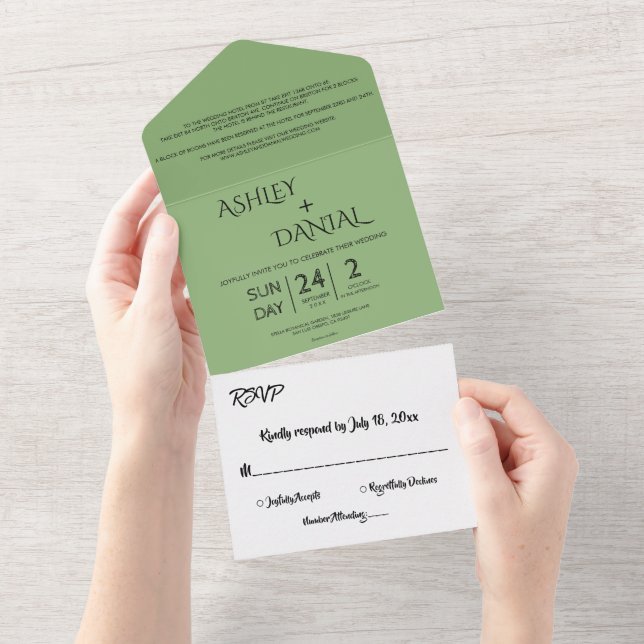 Invitación Todo En Uno Elegante caligrafía minimal Boda moderno verde (desgarro)