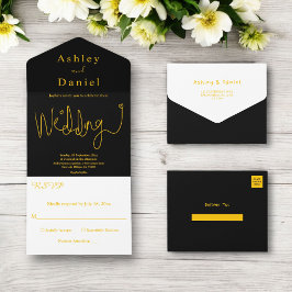 Invitación Todo En Uno Elegante Caligrafía Negro Y Oro Boda Moderno