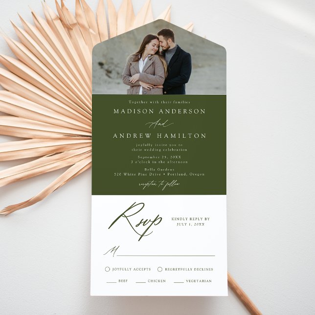 Invitación Todo En Uno Elegante caligrafía Olive Green Photo Boda (Subido por el creador)