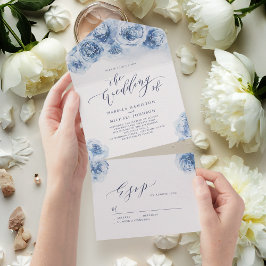 Invitación Todo En Uno Elegante caligrafía polvoriento boda floral azul