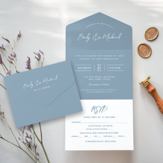 Invitación Todo En Uno Elegante caligrafía romántica azul turbio simple