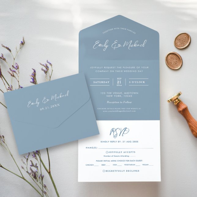 Invitación Todo En Uno Elegante caligrafía romántica azul turbio simple (Subido por el creador)