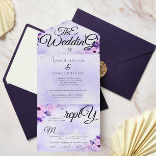 Invitación Todo En Uno Elegante caligrafía romántica púrpura el Boda