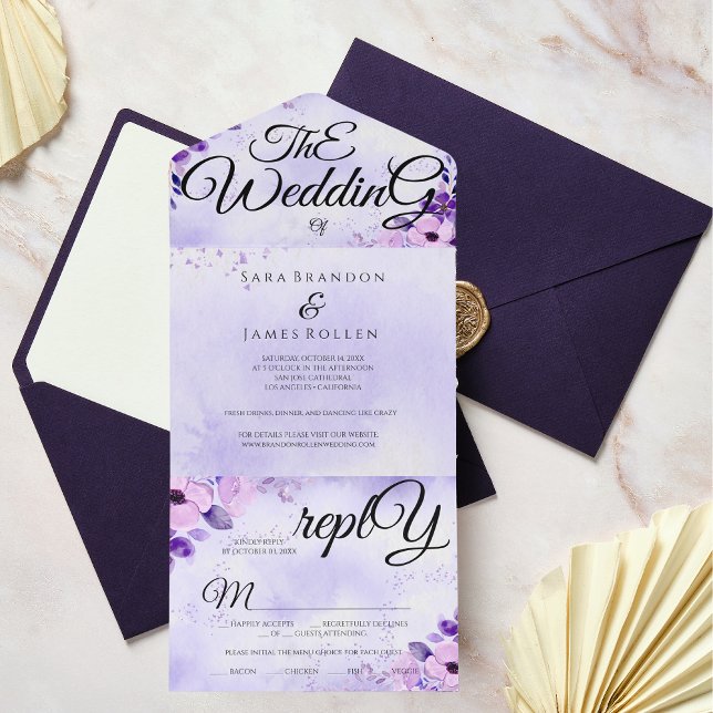 Invitación Todo En Uno Elegante caligrafía romántica púrpura el Boda (Subido por el creador)
