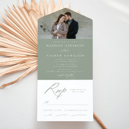 Invitación Todo En Uno Elegante caligrafía Sage Green Photo Boda