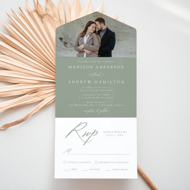 Invitación Todo En Uno Elegante caligrafía Sage Green Photo Boda (Subido por el creador)