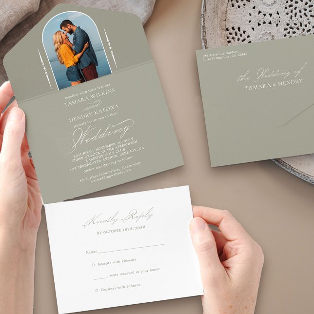 Invitación Todo En Uno Elegante caligrafía Sage Green Photo RSVP Boda (Subido por el creador)