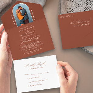 Invitación Todo En Uno Elegante caligrafía Terracotta Foto Boda RSVP