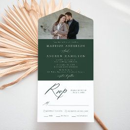 Invitación Todo En Uno Elegante Caligrafía Verde Foto Boda