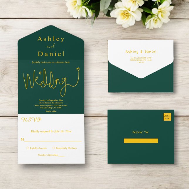 Invitación Todo En Uno Elegante Caligrafía Verde Y Oro Boda Moderno (Subido por el creador)