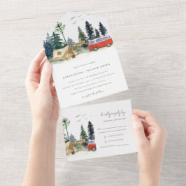 Invitación Todo En Uno Elegante Camping Watercolor Pine Forest Boda