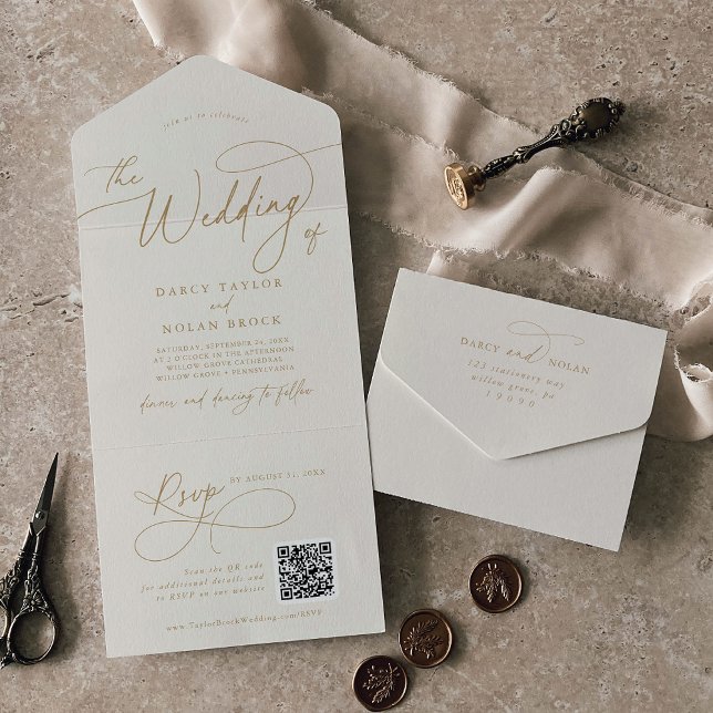 Invitación Todo En Uno Elegante Cargo QR Código Boda de Marfil y Oro (Elegant Charm QR Code Ivory and Gold Wedding All In One Invitation)
