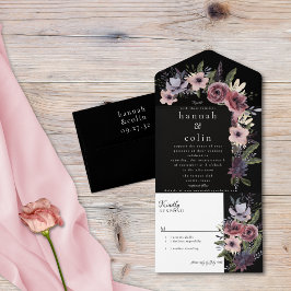 Invitación Todo En Uno Elegante Cascada Floral Oscura Borgoña Negra