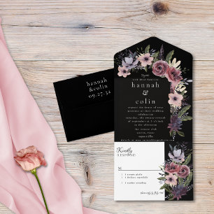 Invitación Todo En Uno Elegante Cascada Floral Oscura Borgoña Negra