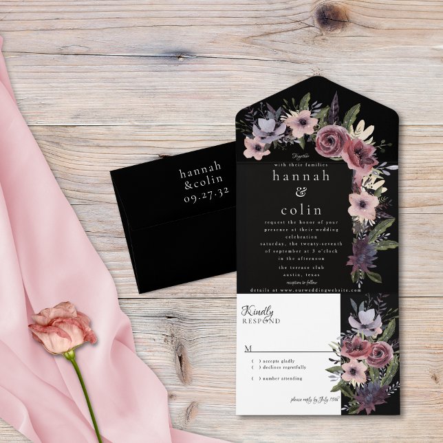 Invitación Todo En Uno Elegante Cascada Floral Oscura Borgoña Negra (Subido por el creador)