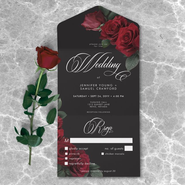 Invitación Todo En Uno Elegante cena Boda de Roses Rojos Sangre Emotiva (Elegant Moody Blood Red Roses Wedding Dinner All In One Invitation)