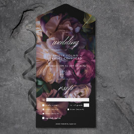 Invitación Todo En Uno Elegante cena Boda floral negro en Moody