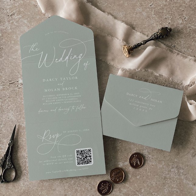 Invitación Todo En Uno Elegante Charm QR Code Sage Green Boda (Elegant Charm QR Code Sage Green Wedding All In One Invitation)