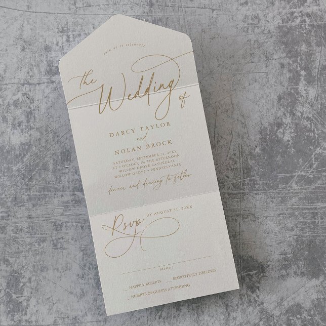 Invitación Todo En Uno Elegante Charm RSVP Ivory and Gold Boda (Elegant Charm RSVP Ivory and Gold Wedding All In One Invitation)