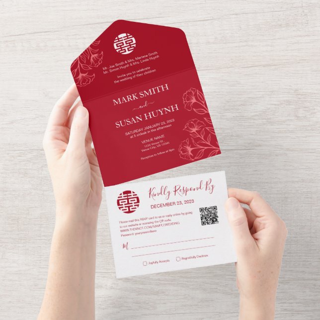 Invitación Todo En Uno Elegante chino floral todo en una sola boda (desgarro)