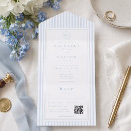 Invitación Todo En Uno Elegante Clásico Código QR de Boda con Franja Azul