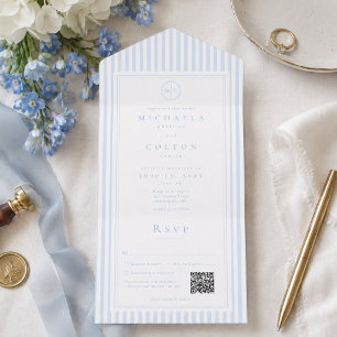 Invitación Todo En Uno Elegante Clásico Código QR de Boda con Franja Azul
