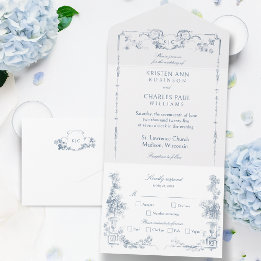 Invitación Todo En Uno Elegante Classic Dusty Blue Floral Francesa
