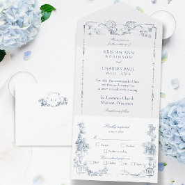 Invitación Todo En Uno Elegante Classic Dusty Blue Floral Francesa