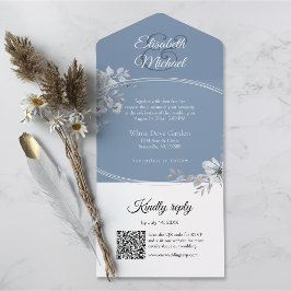 Invitación Todo En Uno Elegante código QR azul turbio matrimonio monogram