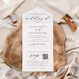 Invitación Todo En Uno Elegante Código QR Blanco RSVP Caligrafía Boda
