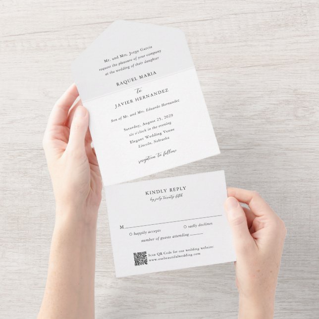 Invitación Todo En Uno Elegante código QR boda clásica (desgarro)