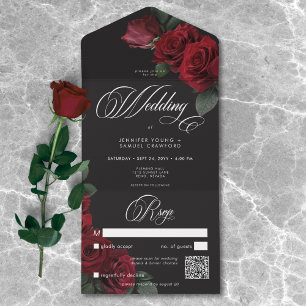 Invitación Todo En Uno Elegante código QR Boda de rosas rojas sanguíneas 