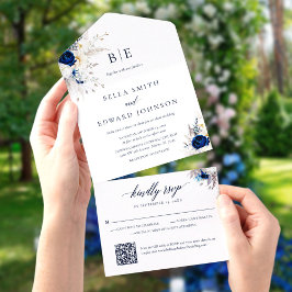 Invitación Todo En Uno Elegante código QR Boda floral azul blanco