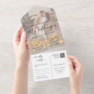Invitación Todo En Uno Elegante código QR de arco boho azul marino modern