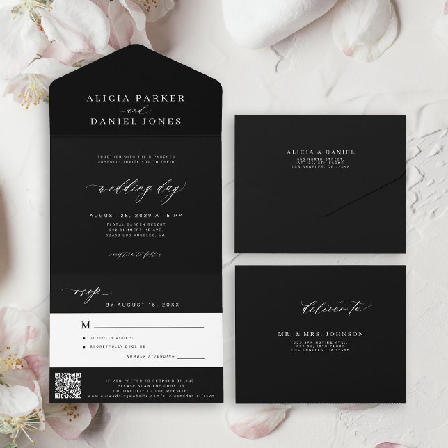 Invitación Todo En Uno Elegante código QR de boda negra RSVP (Subido por el creador)