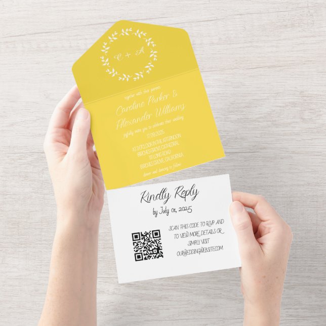 Invitación Todo En Uno Elegante código QR de escritura amarilla moderna R (desgarro)